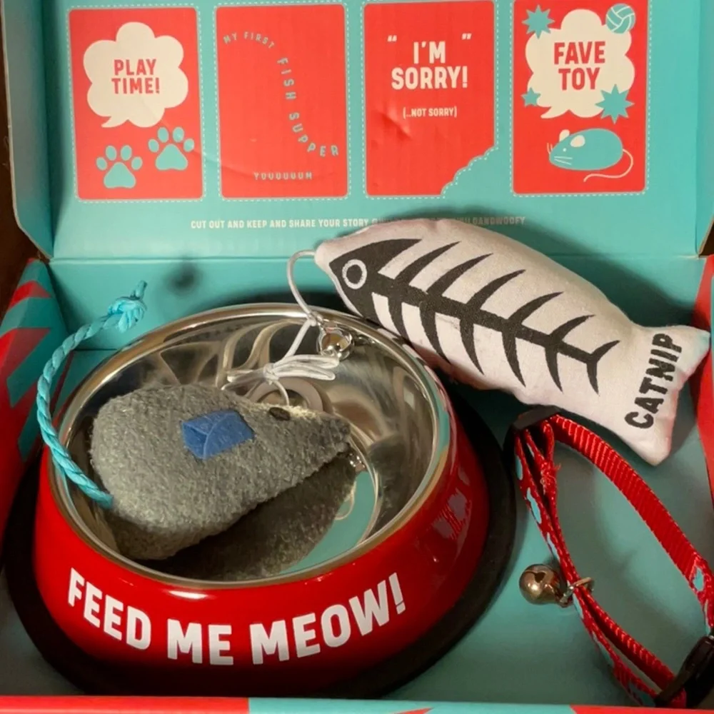EAT SLEEP PURR REPEAT-new cat starter kit-“FEED ME MEOW” bowl, collar, 2 toys
